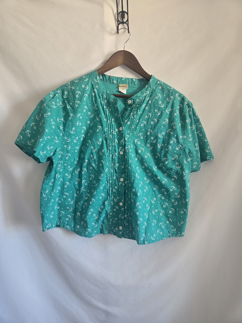 Teal Short-Sleeve Anchor Print Button-Front Shirt